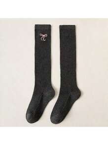 2 Pairs Girls Over The Knee Socks With Embroidery, Long Cotton Tube Socks For Lolita Style, Suitable For Spring, Autumn & Winter