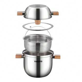TIROTO 18-10 Stainless Steel Multifunctional Cooking Pot, Steaming Pot, Soup Pot, Frying Pan, Frying Pan Integrated Pot, 304 Stainless Steel Steamer And Lid, Flat Bottomed Design, Gas Stove, Induction Cooker, Universal For All Types Of Stoves