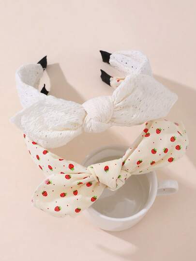 2件套女士发饰，波西米亚风简约优雅白色、黄色、绿色草莓印花兔耳发箍，适合日常、节日、春夏、度假等场合。