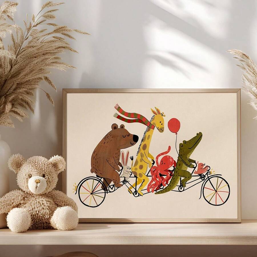 1 bucată de tablouri de perete fanteziste cu animale, bicicletă, pentru camera copiilor – Imprimeuri vibrante pe pânză de mai multe dimensiuni (20x25cm până la 50x70cm) cu opțiuni înrămate/neînrămate, decor vesel cu urs, girafă, caracatiță, crocodil, aventură, pentru camerele copiilor, estetică modernă și jucăușă pentru casă