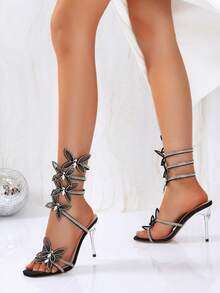 Snake-Wrap High Heels Supplied Directly From Factory, Fashionable Runway Design With Floral Rhinestone Decor Stiletto Women's Sandals - Black - View 4
