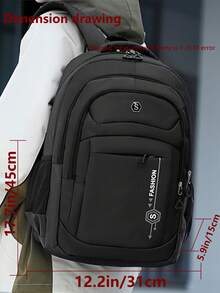 男士多隔层尼龙字母印花背包，可装15.6英寸笔记本电脑，多口袋轻便书包，大容量旅行包，便捷通勤背包，多功能背包，适合学生、中小学生、商务旅行、旅游、日常通勤、户外运动、节日和生日礼物 - 黑色 - 查看 3