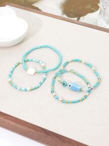 4 Bohemian Tropical Ocean Shell Small Fish Decorations Handmade Blue Beads Bracelet Women's Beach Vacation Party Jewelry