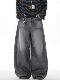 1pc Vintage Distressed Washed Loose Fit Wide Leg Boyfriend Jeans, Casual & Versatile Unisex Style (With Frayed Hem)