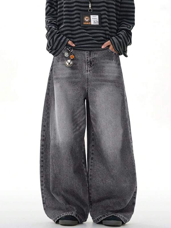 1pc Vintage Distressed Washed Loose Fit Wide Leg Boyfriend Jeans, Casual & Versatile Unisex Style (With Frayed Hem)