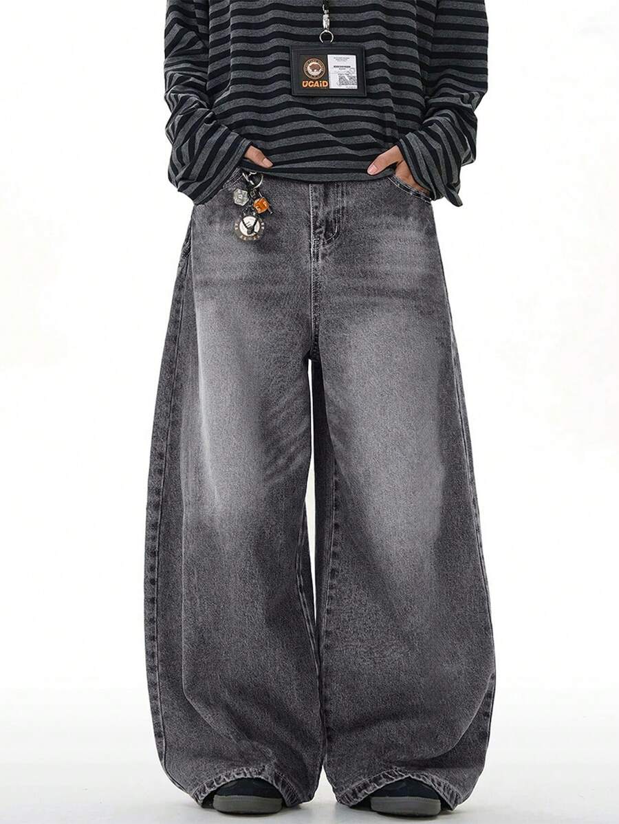 1pc Vintage Distressed Washed Loose Fit Wide Leg Boyfriend Jeans, Casual & Versatile Unisex Style (With Frayed Hem)