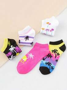 5 pares de calcetines de tobillo para mujer con estampados de palmeras en blanco, morado, negro, amarillo, rosa, gris. Moda, versátiles, suaves y cómodos, transpirables para el verano