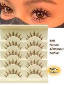 Rikuaild 5对棕色娃娃款自然假睫毛，动漫风格 - 透明睫毛梗，柔软自然，卡通妆效，狐狸眼效果，仙女风格，适合旅行、日常妆容、角色扮演 - 可重复使用的条状假睫毛 - 尖尾漫畫款 - 查看 3