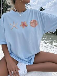 1pc Girls Casual Shell Graphic Print Round Neck Short Sleeve T-Shirt, Summer Student Youth Clothing - Shell Art Style T-Shirt Inspires Imagination And Self-Expression