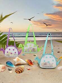 适合青少年的彩色恐龙形沙滩包 - 轻便、可折叠，配有可调节肩带、网袋、拉链封口 - 恐龙形沙滩包户外储物袋可爱旅行单肩包恐龙形背包玩具储物袋、沙滩玩具网状沙滩包贝壳包恐龙沙滩沙玩具手提袋用于存放贝壳沙滩玩具 - 彩色 - 查看 10