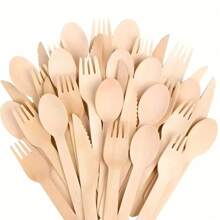 300/150/30 Stück Einweg Messer, Gabel und Löffel Set, Einweg Besteck Set aus Holz, unbeschichtete Holzbestecke, Einweg Dinner Gabeln, Dessert Gabeln, Kuchengabeln, Eislöffel aus Holz für Partys, Feiertage, Geburtstage, Hochzeiten und Heimdekoration - beinhaltet Messer, Gabeln und Löffel