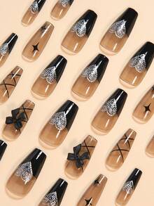 Upgrade Your Look With Y2K Style! 24pcs Ballet Nail Tips Set In Long Length, Black Color And Fashionable French Ombre Press On Nails Gradients With Geometric Lines, Stars And 3D Bows And Hearts Embellished With Glitters. Sweet, Elegant, Luxury, Cute Style With Light Therapy Function. Detachable False Nails For Holiday, Party, Date, Daily Wear. Jelly Gel Random Shipment - Black - View 3
