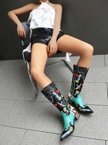 Vintage Embroidered Western Cowboy Boots With Chunky Heels, Mid-Calf, Rivet Contrast Color