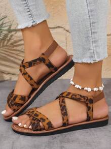Women's Leopard Print Thick-Sole Super Lightweight Sandals, Elastic Band, Outdoor Casual Crossover Fashionable Cute Thick-Sole Sandals