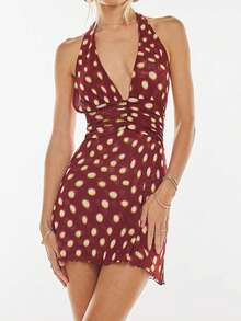 Womens Boho Floral Print Halter Neck Bodycon Dress Summer V Neck Sleeveless Backless Ruched Party Mini Dress Beach Vacation Sundress - Brown - View 1