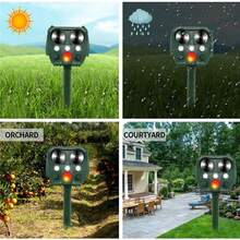 Solar Powered Animal Repeller, Solar Powered Ultrasonic Animal Repeller, Effectively Repels Dogs/Cats/Birds, Suitable For Areas With Difficult Power Supply Such As Farms, Gardens, Lawns, Nurseries, Estates And Orchards. Made Of Waterproof Materials, Sealed Design Allows It To Work In Most Weather Conditions, Waterproof, Windproof, UV-Resistant, Anti-Rust. 5 Adjustable Modes.