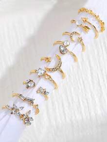 9 件套优雅简约心形、星星、月亮水晶戒指套装，可调节，适合女性节日、派对、约会、日常佩戴、礼物