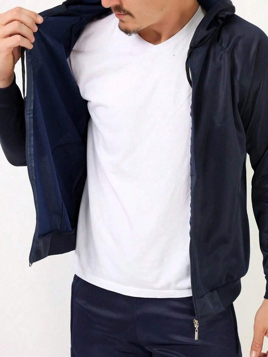 Men's Flannel Hooded Jacket - Navy Blue - View 1