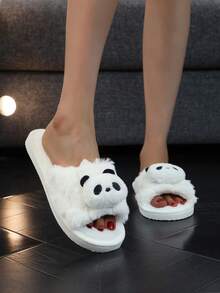 可爱的毛茸茸露趾拖鞋。轻便舒适的室内家居鞋，时尚女士款，四季保暖，白色 - 白色 - 查看 5