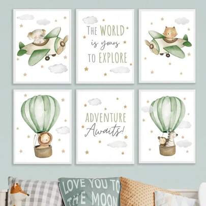 1pc Wall Arts Posters Quotes Animals Elephant Fox Flying Plane Nursery Wall Art Zebra Lion Hot Air Balloon Poster And Print Baby Room Decoration Optional Frame