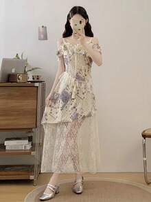 Vestido midi elegante francés con estampado y volantes en el bajo, adecuado para vacaciones, fiesta del té, temporada de bodas, atuendos de verano para mujer, vestido de graduación - Multicolor - Ver 3
