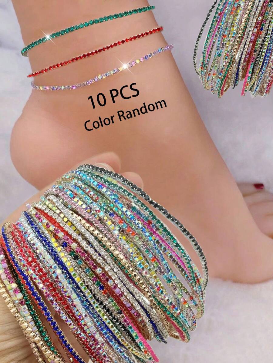 10pcs Rhinestone Super Thin Anklet Bracelet, AB Color Shiny Elastic Delicate Beach Party Fashion