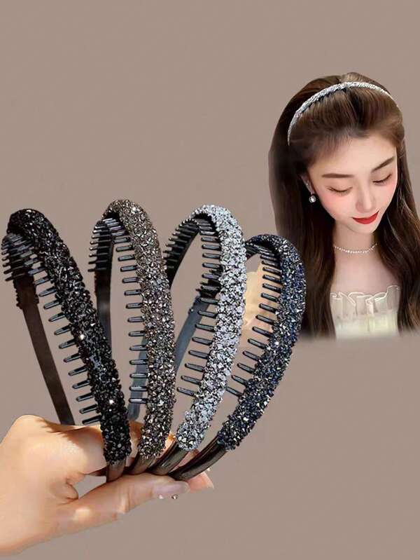 4pcs Women's Versatile Colorful Crystal Rhinestone Hair Hoops, Simple Anti-Slip Hair Accessories For Daily Use, Suitable For Washing Face, Makeup, And Travel Headbands Hairband