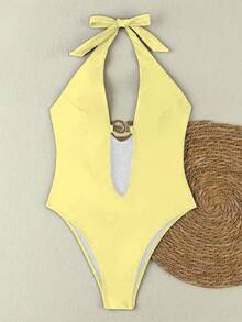 新款春夏性感优雅黄色纯色沙滩度假派对约会连体泳衣（女款） - 黃色 - 查看 3