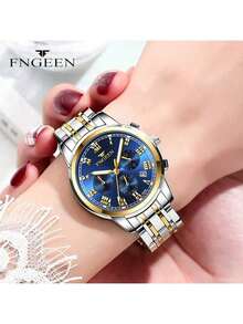 FNGEEN 2pcs/Set Couple Watch With Gold Stainless Steel Strap Roman Scale Blue Dial Calendar Display 50m Waterproof Quartz Watch For Men And Women Precise Timekeeping Japan Imported Quartz Automatic Movement - High-Quality Built-In Long-Life Japan Battery With Small Dial Decoration Valentine's Day Gift Wedding Souvenir - Blue - View 5
