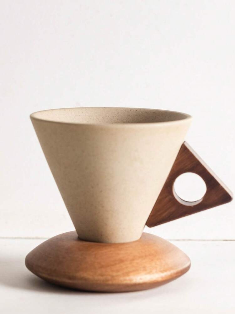 1 件 250 毫升陶瓷漏斗形高端创意咖啡杯配木碟套装，大号拿铁艺术杯，适合家庭、办公室、咖啡厅，馈赠佳品 - 粗陶 - 查看 3