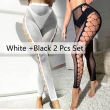 2 Paris Women Fishnet Bodystocking Attached Stockings Exotic Sexy Lingerie Crotchless Bodysuit One Piece Babydoll Nightwear Sexy Tights Fishnet Opening Leggings Stripe Pantihose Lingerie Pants, Suitable For Party, Clubewear, Sports, Dancewear, Street Fashion