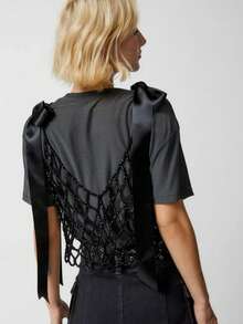 DEKUNER Beaded Camisole Design Niche Outerwear Versatile Fashion Hollow Knit V-Neck Body Chain Cute Bow Strap, Gift For Women - Black - View 3