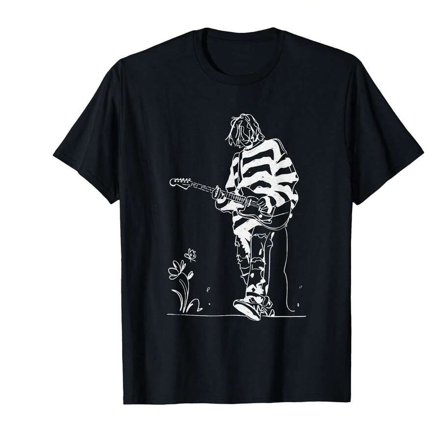 Men 90s Grunge Black Legend Sketch Alternative Rock Guitarist Vocalist T-Shirt Soft Breathable Cotton Casual Streetwear Band Tee For Concerts Festivals - Black - View 1