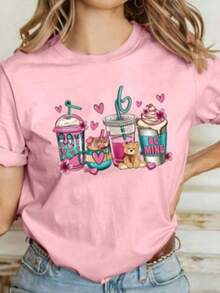 Camiseta gráfica de mujer de manga corta con estampado de dibujos animados, de uso casual en verano - Rosa - Ver 1