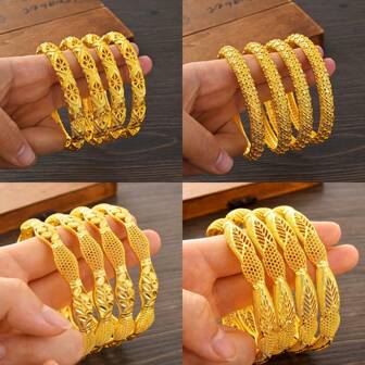 4pcs Golden Color Fashion Hollow Design Bracelet, Middle Eastern/European/American Women Bangle, African Arabic Dubai Everyday/Birthday Party/Festival Gift