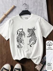 Women's Loose Fit T-Shirt, Leopard And Star Print, 100% Cotton, White Short Sleeve Graphic Tee, Back To School Clothes, School Outfit Ideas, Back To School Essentials, First Day Of School Outfit, Back To School Outfits 2026 - White - View 1