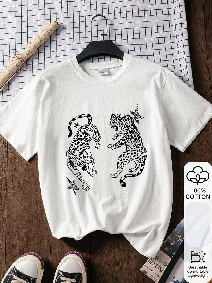 Women's Loose Fit T-Shirt, Leopard And Star Print, 100% Cotton, White Short Sleeve Graphic Tee, Back To School Clothes, School Outfit Ideas, Back To School Essentials, First Day Of School Outfit, Back To School Outfits 2026 - White - View 1