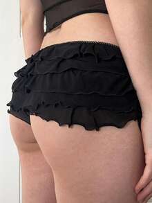 Womens Layered Ruffle Bloomers Bow Low Rise Mini Under Shorts For Dresses Summer Clothes - 黑色 - 查看 3