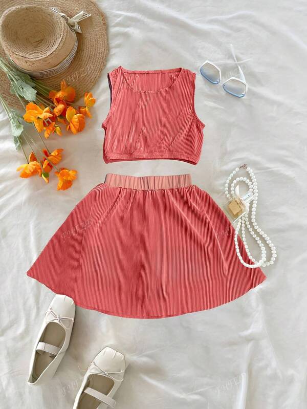 Casual Pleated Crop Top And Mini Skirt Set