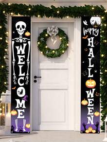 2pcs/Set Halloween Decorations Door Banners, Happy Halloween Hanging Flags, Trick Or Treat Decoration For Halloween, Halloween Pumpkin Skull Design Door Curtain Couplet, Halloween Party Front Door Hanging Banner Cloth, Halloween Porch Sign, Halloween Supplies, Halloween Decor, Halloween Door Decor, Wall Decor, Indoor Outdoor Decor, Halloween Home Decor, Room Decor, Halloween Backdrop Supplies, Halloween Party Gifts, Party Favors Fall Decor Autumn Decor