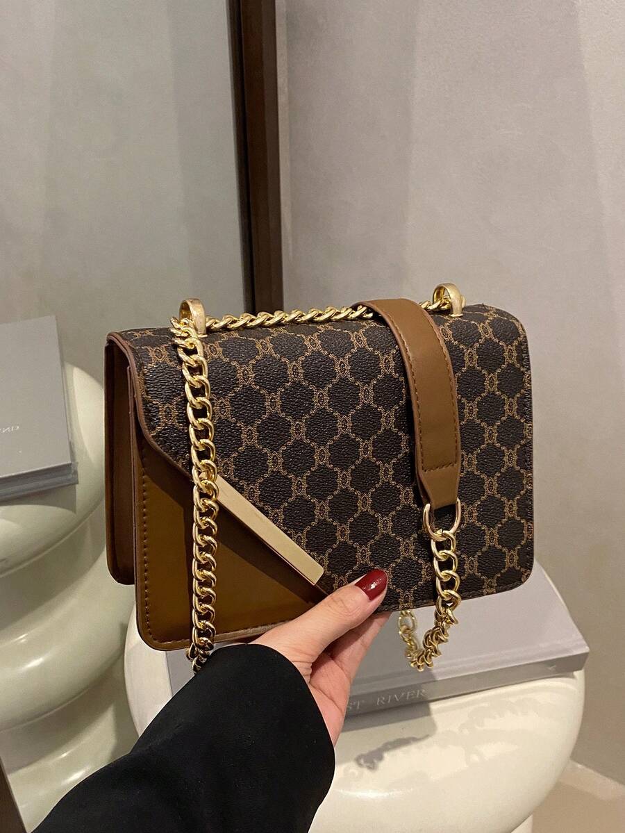 Mini Fashionable Plaid Contrast Stitching Crossbody Bag, Metal Chain Strap Shoulder Bag Square Purse, Suitable For Shopping - Coffee - View 1