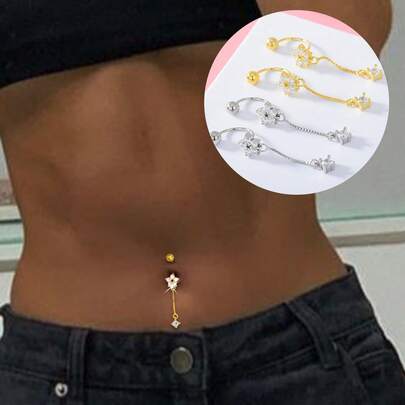 FOREVER QUEEN 1PC 925 Sterling Silver Round Tassels Belly Button Rings Flower Dangle Navel Barbell Stud Cubic Zirconia Body Piercing