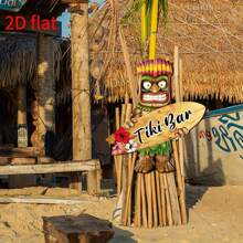 1 Señal de bar de estilo tiki hecha a mano de madera - Estatua tropical tiki y colgante de tabla de surf con orquídea colorida, decoración de estilo bohemio, adecuada para terrazas, jardines, fiestas de verano y decoraciones con temática hawaiana y luau