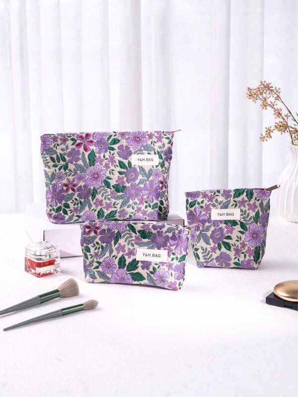 New Ramie Cotton Linen Cosmetic Clutch With Botanical Embroidery – Portable Canvas Storage Pouch For Lipsticks, Skincare & Toiletries