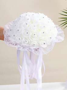 1件白色水晶丝带手工人造丝婚礼花束 - 彩色 - 查看 6