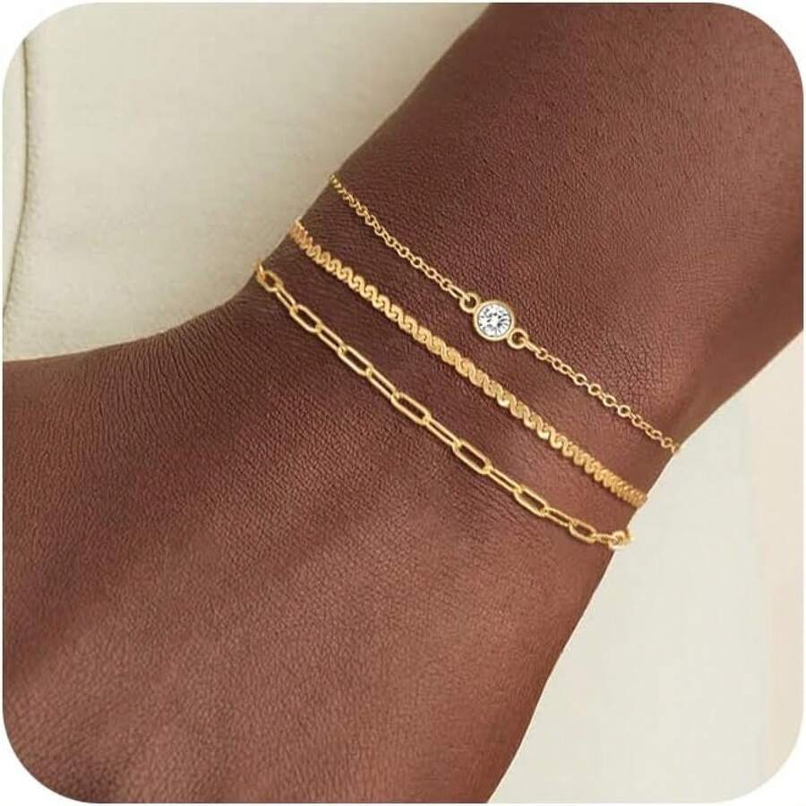 MBW Gold Bracelets Women, Dainty 14K Gold Plated Bracelet Stack Beaded Chain Bracelet Set Thin Small Cute Paperclip Bracelets Fashion Waterproof Jewelry Gold Accessories Women - 風格5 - 查看 1