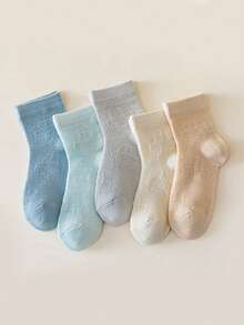 5 Pairs Children Solid Color Cartoon Car Pattern Mesh Breathable Crew Socks For Boys & Girls, Casual Daily Wear - Multicolor - View 7