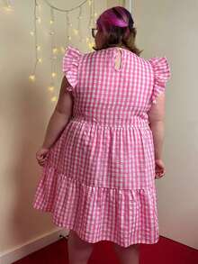 Enliva 大码女式可爱格子印花圆领盖袖连衣裙（夏季） - 玫紅色 - 查看 4