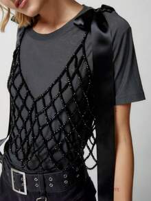 DEKUNER Beaded Camisole Design Niche Outerwear Versatile Fashion Hollow Knit V-Neck Body Chain Cute Bow Strap, Gift For Women - Black - View 2