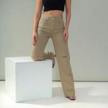 Black Wide Leg Jeans Ripped At The Knee 2665 - 卡其色 - 查看 4